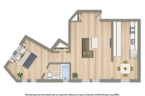 one bedroom apartment floor plan rendering at the klingle apartments in washington dc